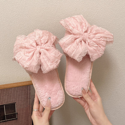 Sweet Style Big Bow Cotton Slippers Fashion Four Seasons Soft Bottom Home Shoes - D&A