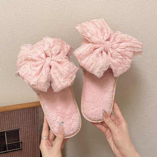 Sweet Style Big Bow Cotton Slippers Fashion Four Seasons Soft Bottom Home Shoes - D&A