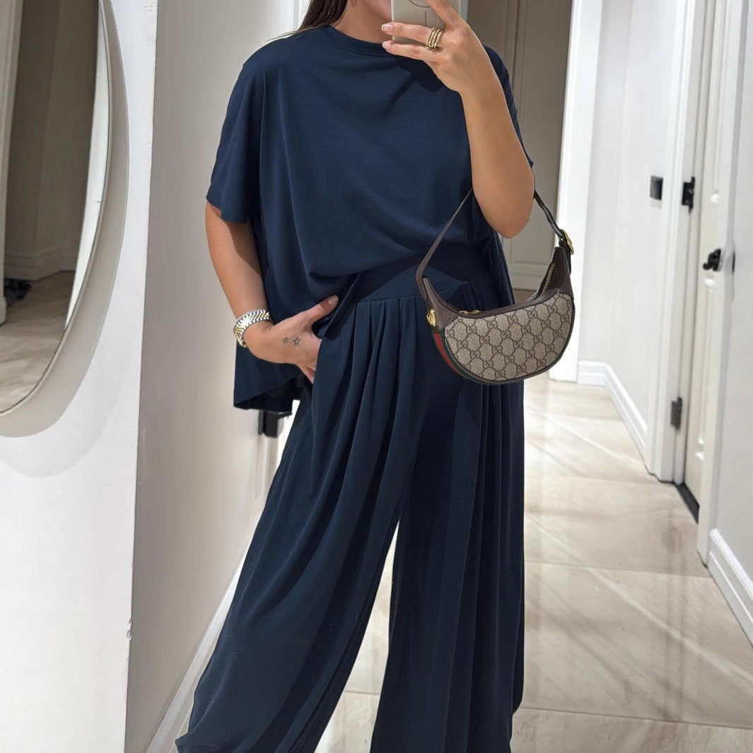 Casual Solid Color Loose Comfortable Wide-leg Pants Two-piece Women's Clothing Navy Blue - D&A