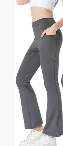Ladies Mid Waist Abdominal-shaping Slimming Cropped Pants Casual Pocket Bootcut Trousers Dark Gray - D&A