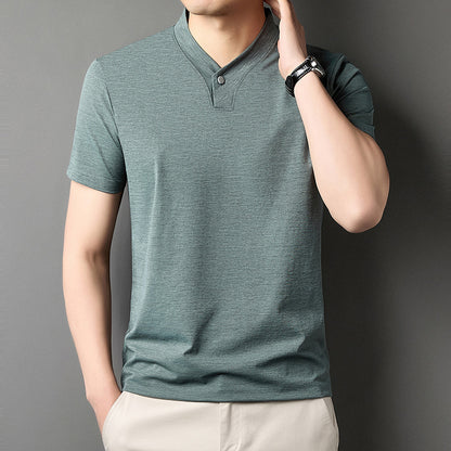 Young Men's Short Sleeve T-shirt Zipper High-grade Casual Summer Wear One Buckle Green - D&A
