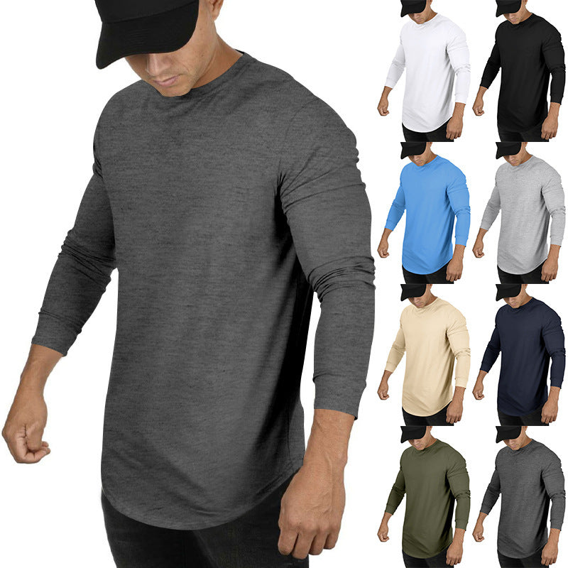 Men's Long-sleeved Casual Round Neck Solid Color Top Bottoming T-shirt Dark Gray - D&A