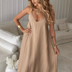 Solid Color And V-neck Sling CasualDress - D&A