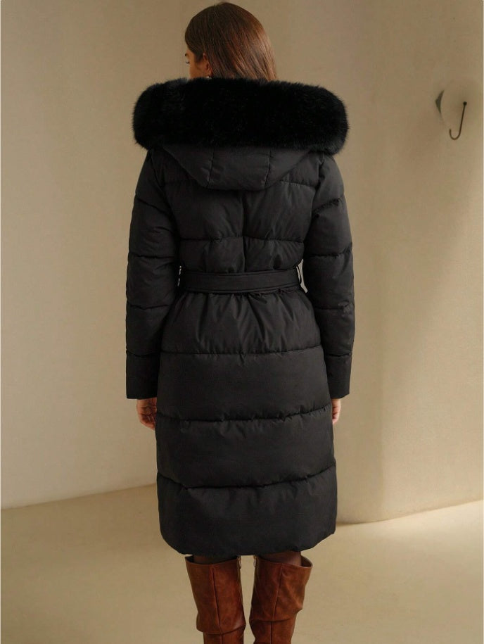 Anewsta Women's Solid Color Long Sleeve Zip Up Hooded Padded Coat With Faux Fur Trim - D&A