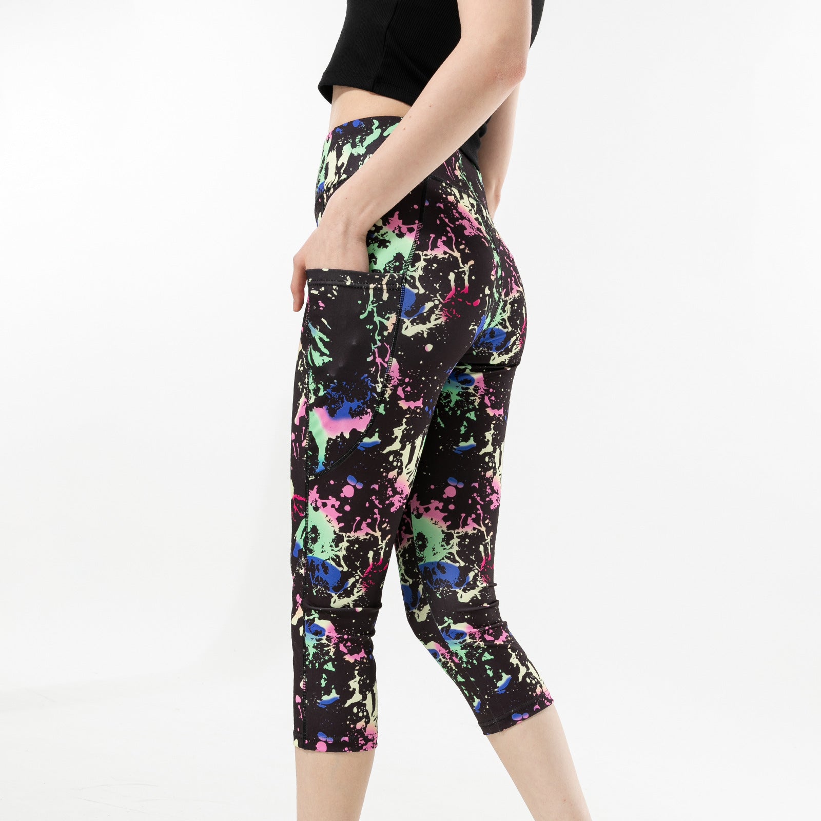 Three-color Water Drop Print Yoga Pants Pocket Cropped Leggings Tricolor Water Droplets - D&A