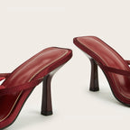 Wine Red Meiko Flower Decorative Flip-toe Square Toe High Heel Sandals - D&A