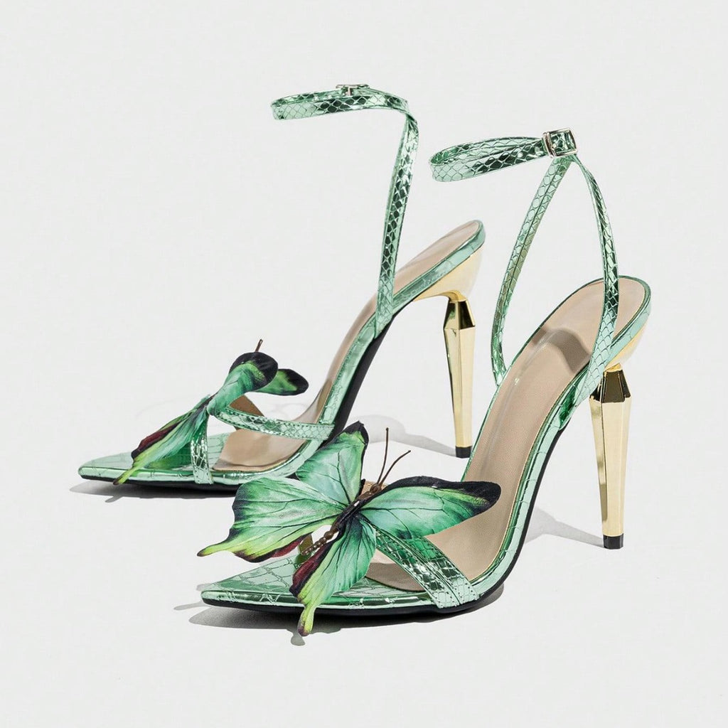 Women's Three-dimensional Butterfly Decorative Electroplated Stiletto Heel Sandals - D&A