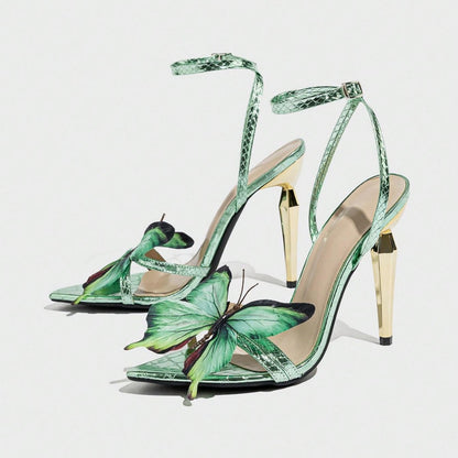 Women's Three-dimensional Butterfly Decorative Electroplated Stiletto Heel Sandals - D&A