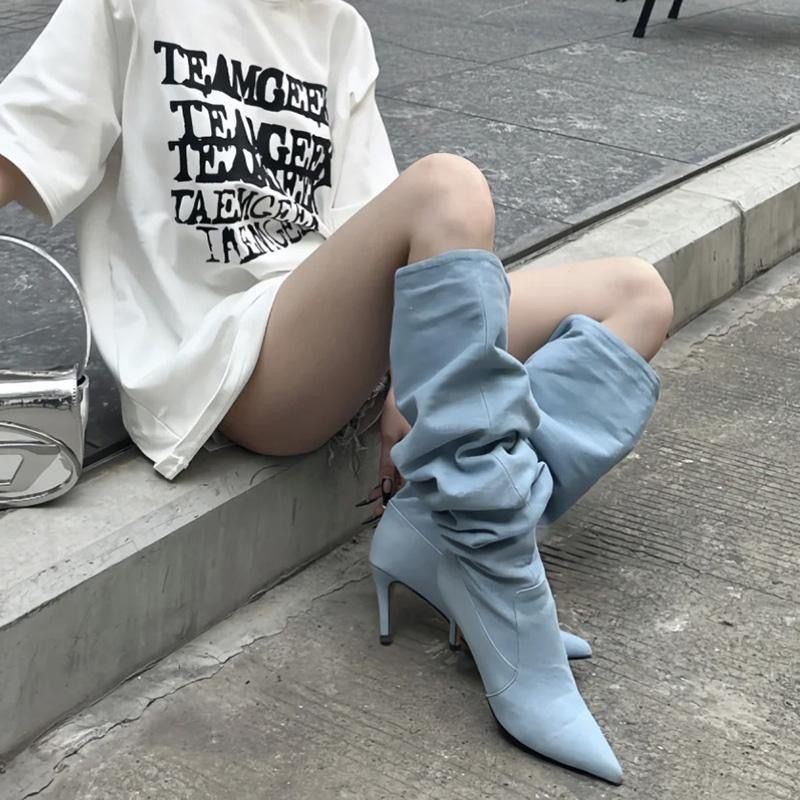 Pointed Toe Women's Stiletto Denim High Heel Below The Knee Boots - D&A