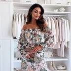 Fashion Floral-print Off-shoulder Long Sleeve Pleated Skirt Suit - D&A