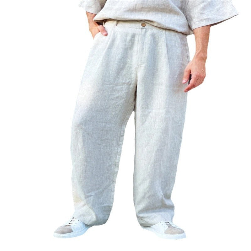 Men's Loose Linen Pleated High Waist Jogger Pants Breathable Daily Casual Pants - D&A