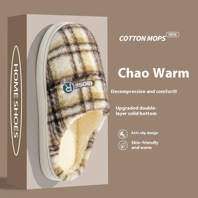 Women's Home Plush Warm Non-slip Plaid Cotton Shoes - D&A