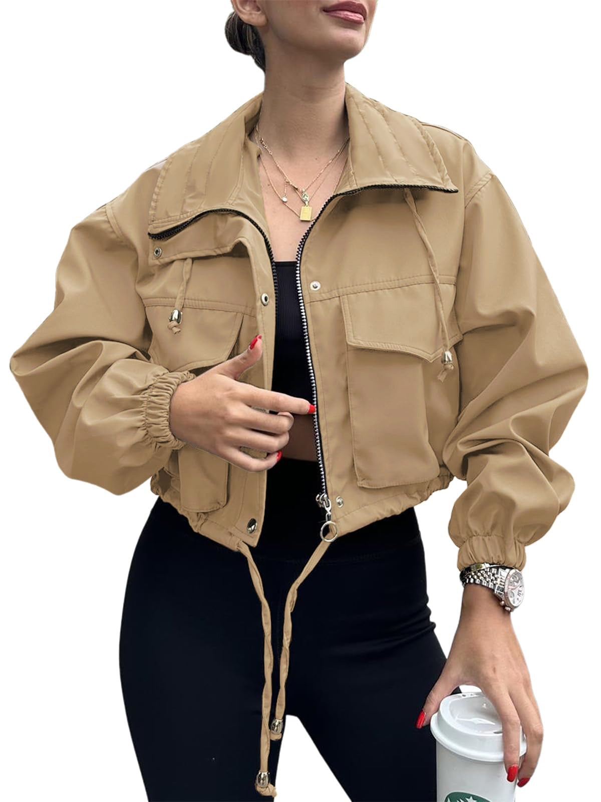 Solid Color Women's Short Jacket Zipper Trench Coat Khaki - D&A