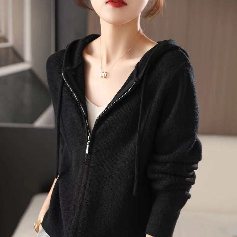 Double-headed Zipper Hooded Knit Women's Cardigan Coat Black Free Size - D&A