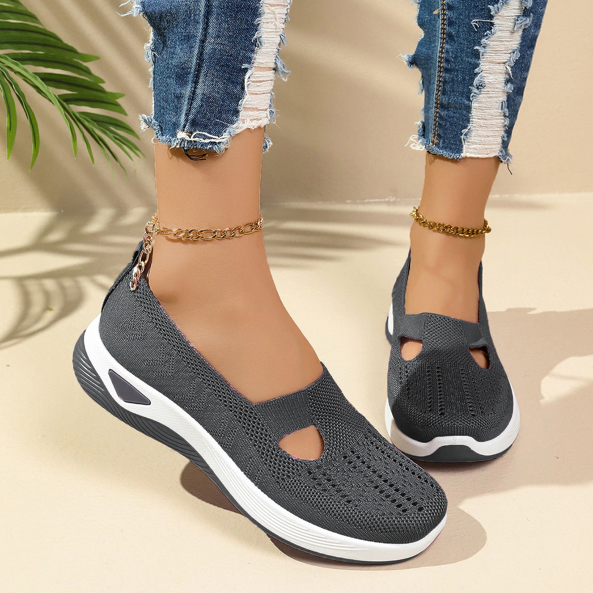 Women's Shoes Soft Bottom Not Tired Feet Slip-on Mesh Dark Gray - D&A