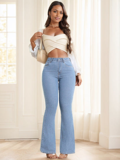 Women's Button Front Pocket Simple Design Casual Denim Long Pants - D&A
