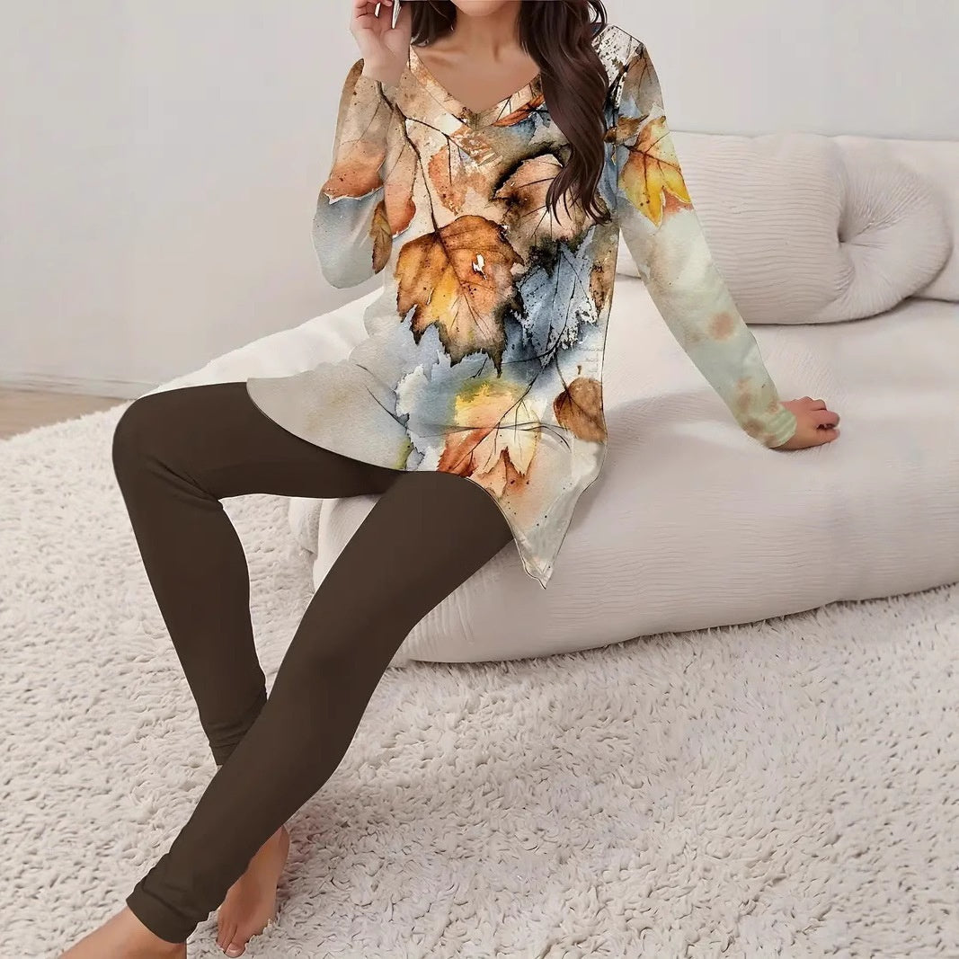 Women Vintage Fashion Floral V-neck Long Sleeve Leggings Printing Suit - D&A