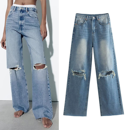 Spring And Summer Women's Perforated Hole Decoration High Waist Wide Leg Jeans - D&A