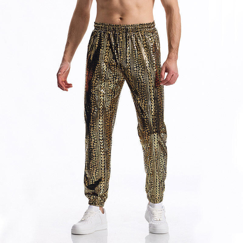 Men's New Round Wave Bronzing Hip Hop Glossy Casual Pants Men Gold - D&A