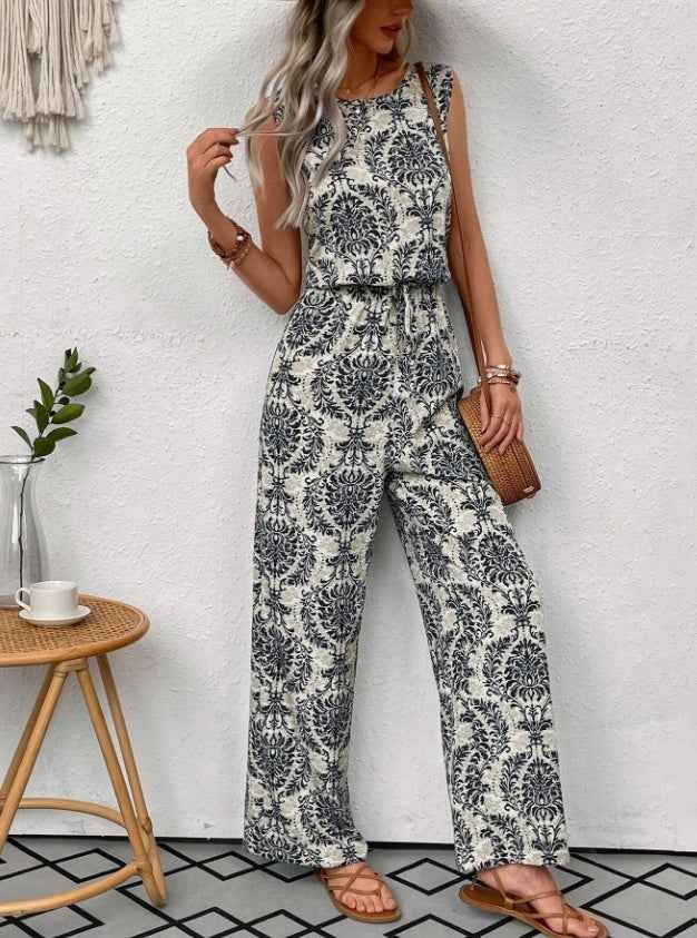Printed Waist Cinching Casual Straight Leg Pants Set