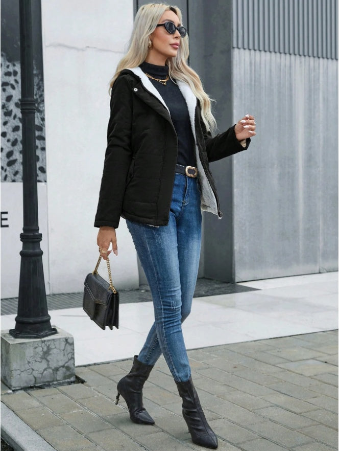 Women's Plain Zipper Front Hooded Fleece Casual Padded Padded Coat - D&A