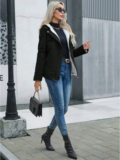 Women's Plain Zipper Front Hooded Fleece Casual Padded Padded Coat - D&A
