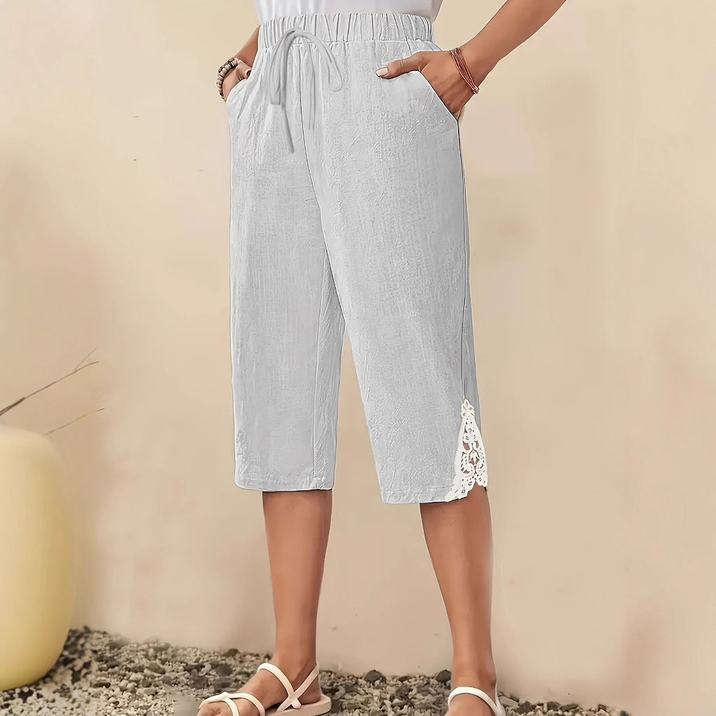 Women's Linen Texture Lace Casual Short Pants Light Gray - D&A