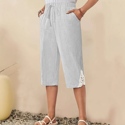 Women's Linen Texture Lace Casual Short Pants Light Gray - D&A