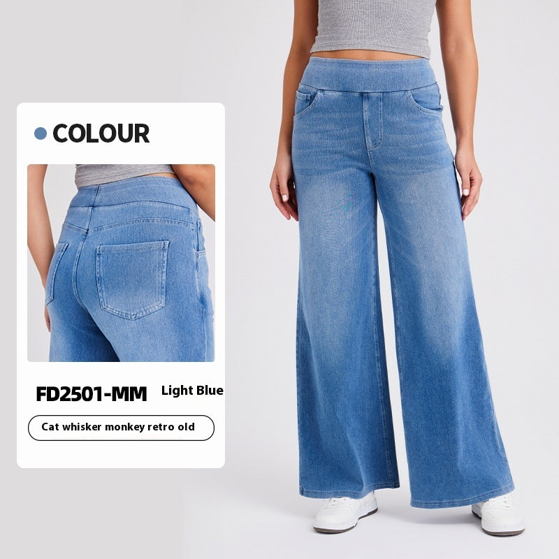 High Waist Straight Cat Beard Horse Riding Yoga Jeans Light Blue Cat Beard - D&A
