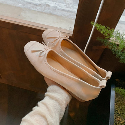 Women's Round-toe Ballet-style Bowknot Soft Surface Low-cut Flat Shoes Beige - D&A