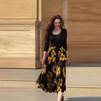 Women's New Long Sleeve U-neck Slim-fit Printed Skirt Two-piece Set Black - D&A