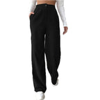Women's High Waist Casual Pants Solid Color Corduroy Baggy Straight Trousers Black - D&A