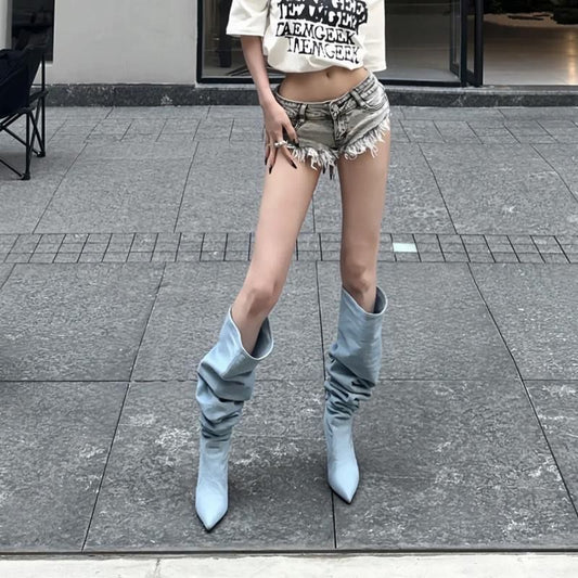 Pointed Toe Women's Stiletto Denim High Heel Below The Knee Boots - D&A