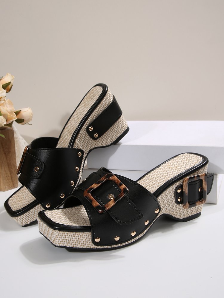 Plus Size Trend Platform Wedge Sandals Rivet Black - D&A