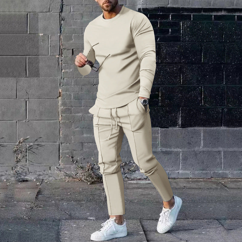 Spring Round Neck Long Sleeve T-shirt Trousers Solid Color Men's Two-piece Suit Apricot - D&A
