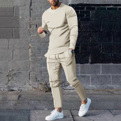 Spring Round Neck Long Sleeve T-shirt Trousers Solid Color Men's Two-piece Suit Apricot - D&A