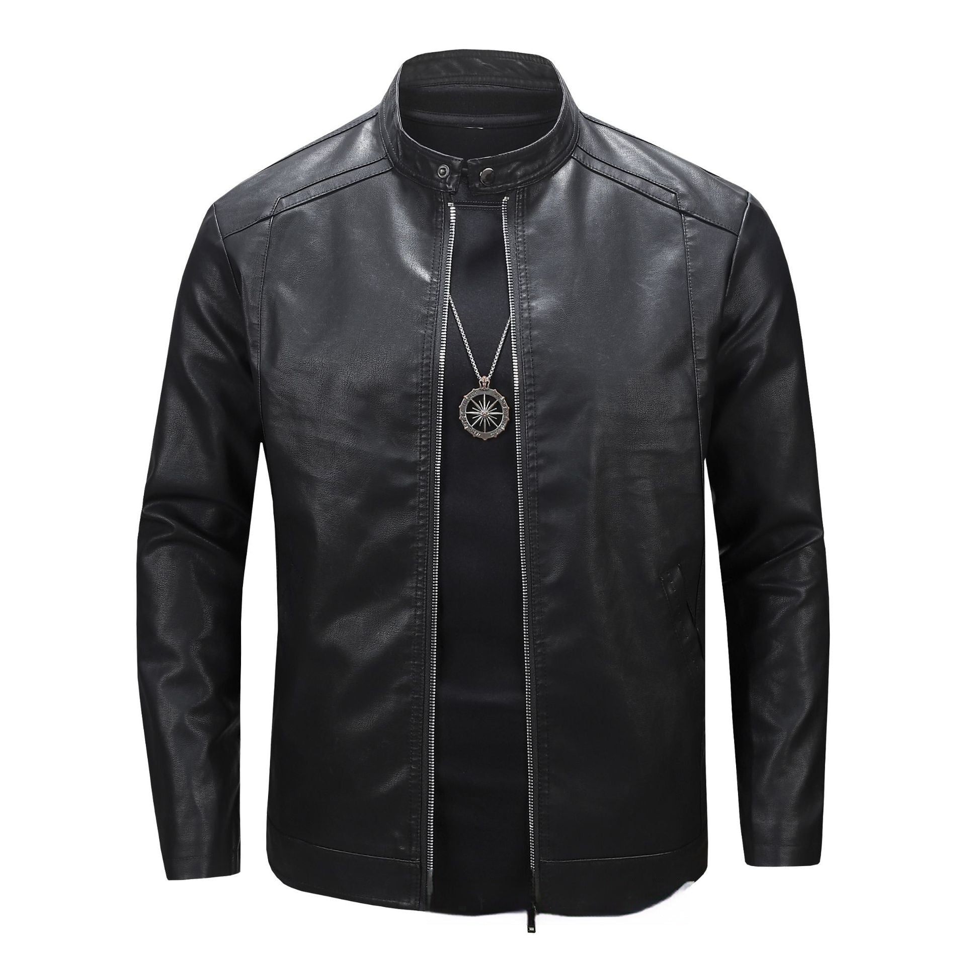 Spring And Autumn Men's Slim Leather Clothing With Stand Collar Jacket Black - D&A