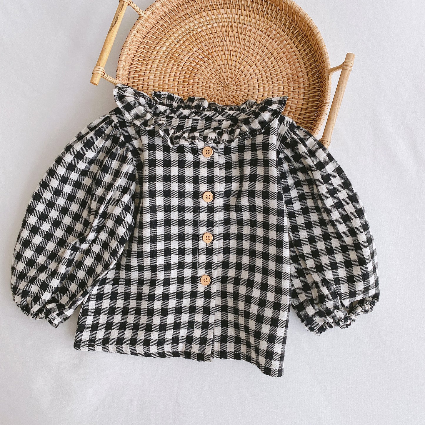 Baby Romper 0-2 Years Old Baby Clothes Baby Girl Foreign Style Pleated Lotus Leaf Sling Climber Check shirt - D&A