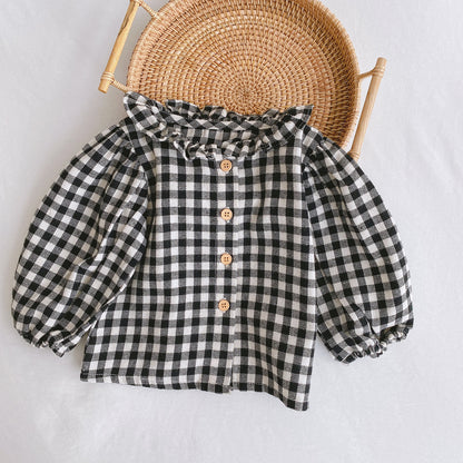 Baby Romper 0-2 Years Old Baby Clothes Baby Girl Foreign Style Pleated Lotus Leaf Sling Climber Check shirt - D&A