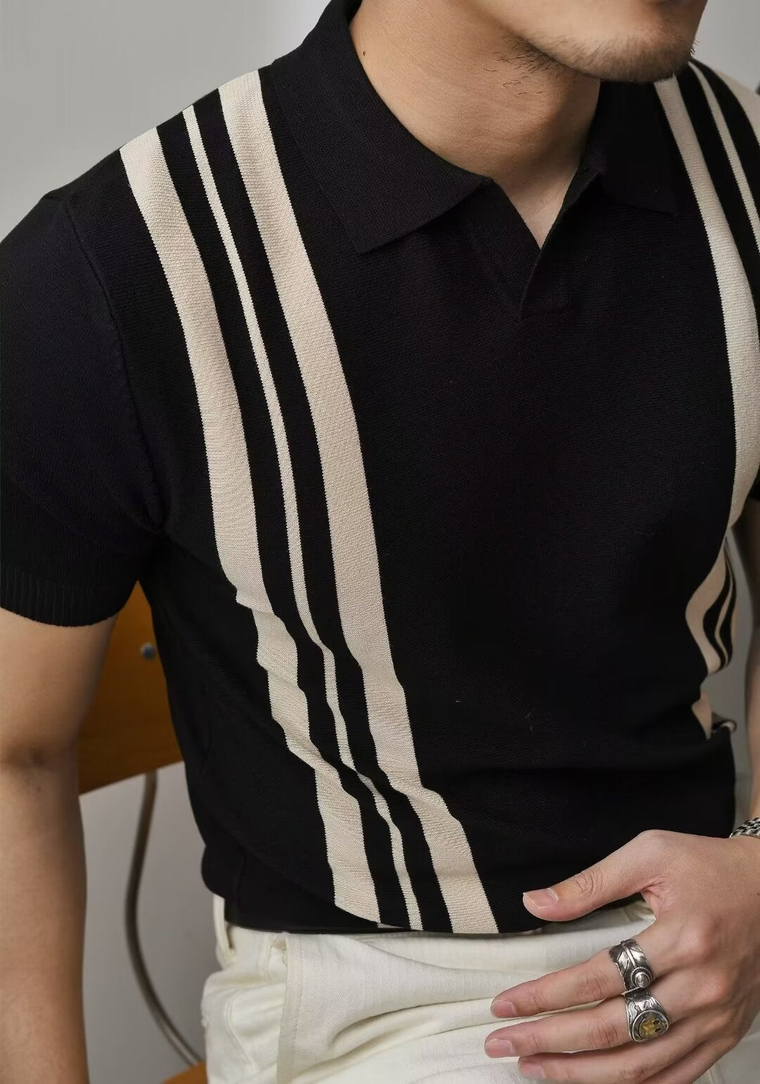 Polo Collar Polo Shirt Knitted Short Sleeve K04 Black - D&A