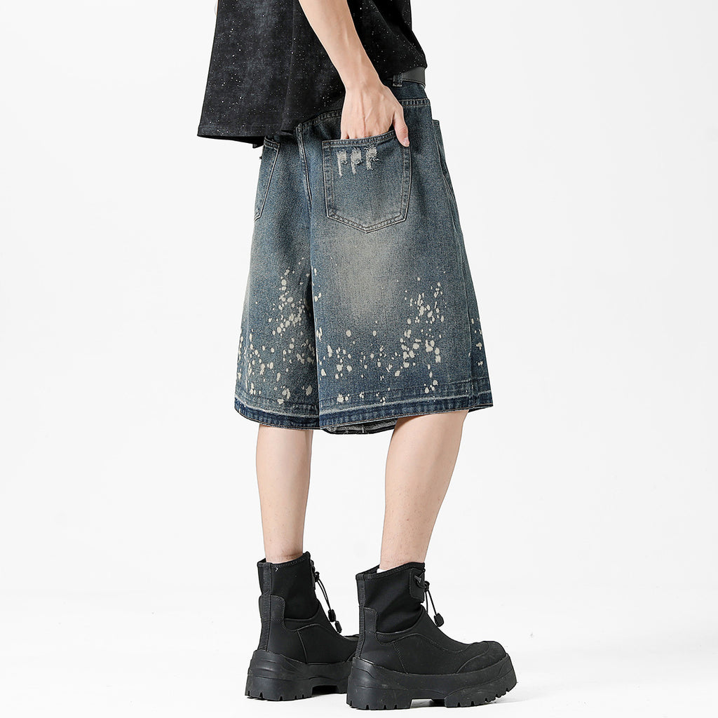 Retro Washed Ripped Splash Ink Five Points Denim Men's Shorts - D&A