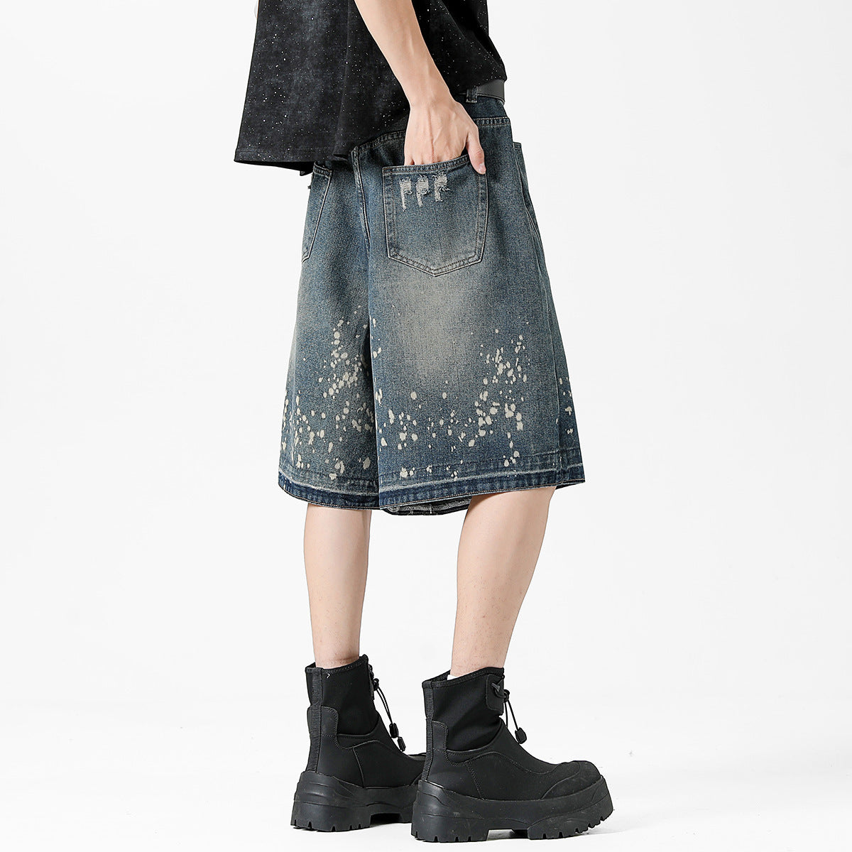 Retro Washed Ripped Splash Ink Five Points Denim Men's Shorts - D&A