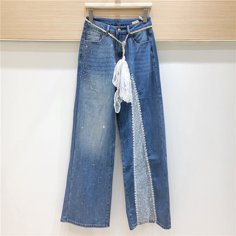 Lace Stitching Rhinestone Jeans - D&A