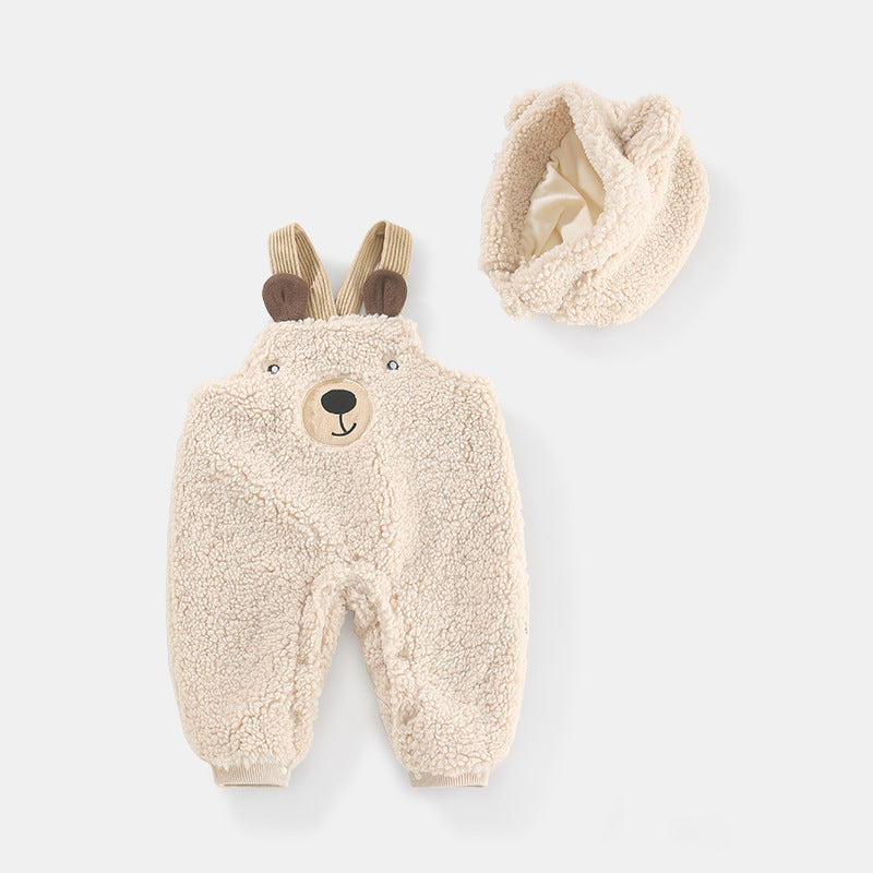 Baby Jumpsuit Autumn And Winter Plus Velvet Baby Clothing Bear Suspenders Apricot - D&A