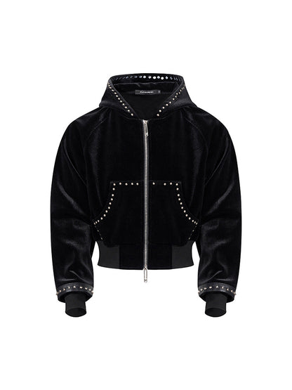 Gold Velvet Short Type Hooded Jacket Black - D&A