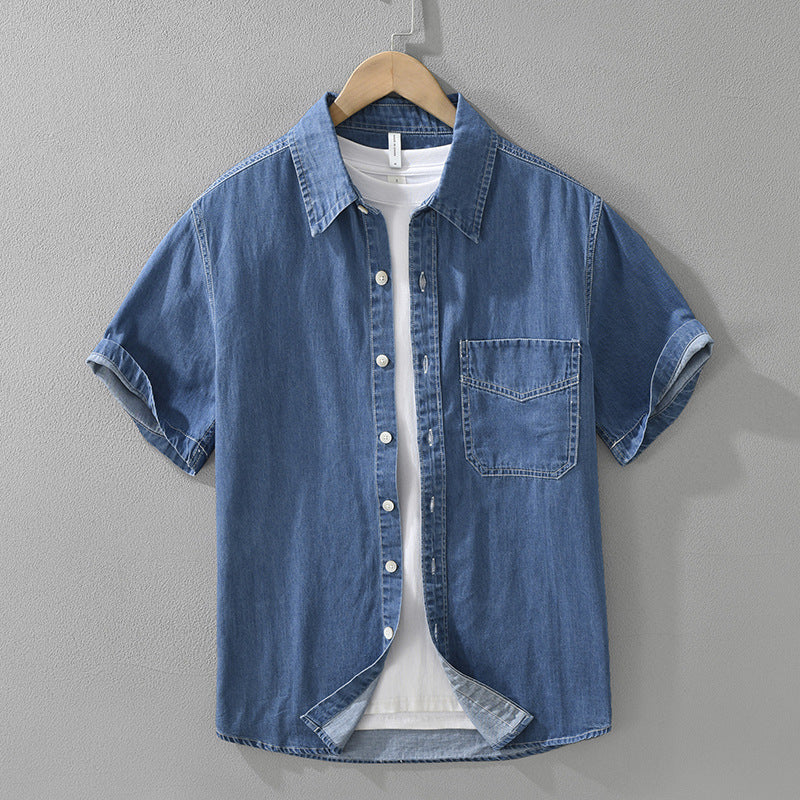 8269 Japanese-style Retro Denim Short Sleeve Shirt Dark Blue - D&A