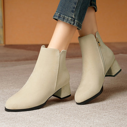Pointed-toe Frosted Suede Side Zipper Chunky Heel Mid Heel Plus Size Female Boots - D&A