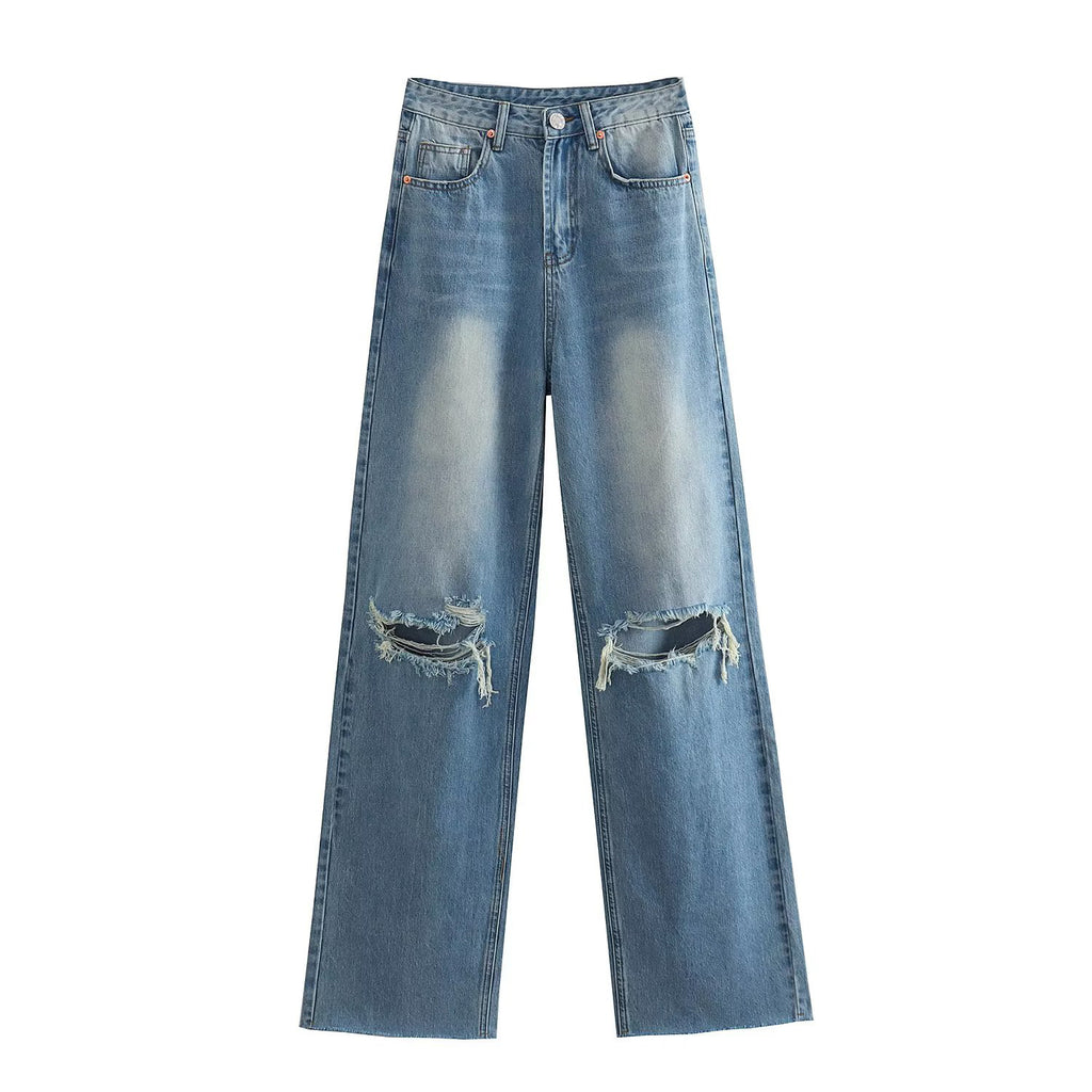 Spring And Summer Women's Perforated Hole Decoration High Waist Wide Leg Jeans - D&A