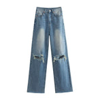 Spring And Summer Women's Perforated Hole Decoration High Waist Wide Leg Jeans - D&A