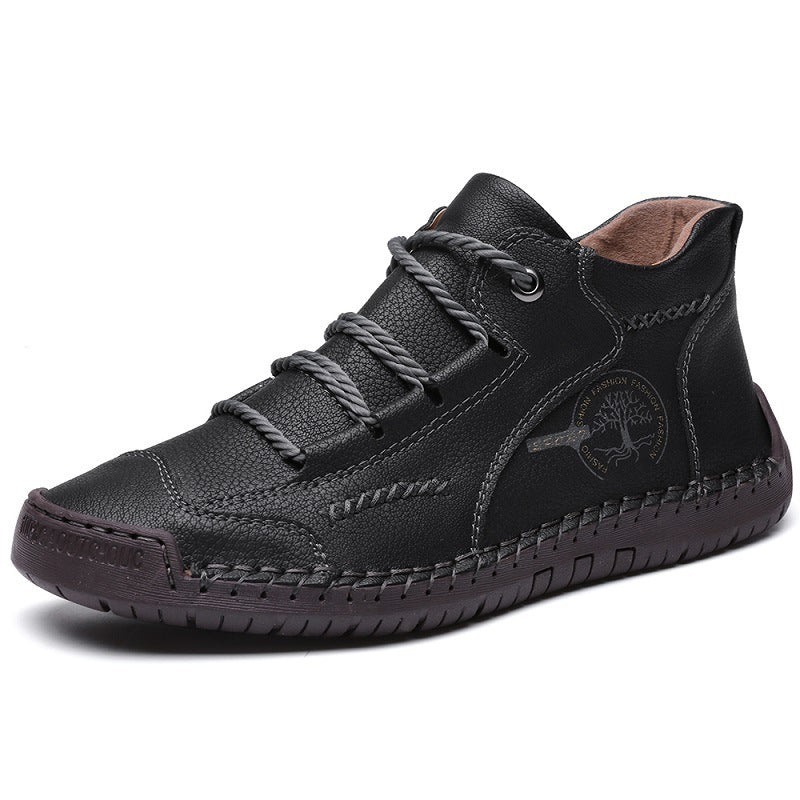 Men's Autumn Sewing High-top Leather Flat Outdoor Work Clothes Casual Shoes 9932 Black Bag - D&A